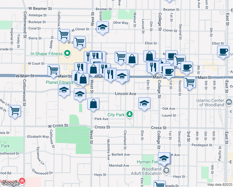 map of restaurants, bars, coffee shops, grocery stores, and more near 177 Lincoln Avenue in Woodland