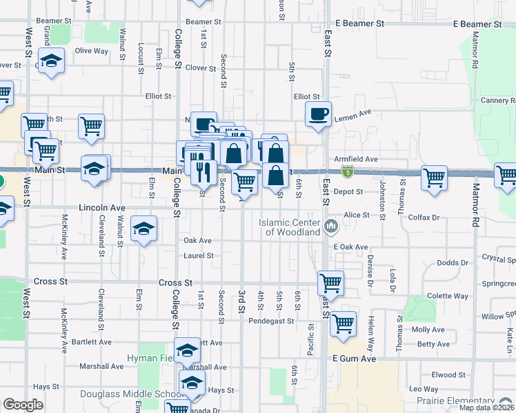 map of restaurants, bars, coffee shops, grocery stores, and more near 839 Lincoln Avenue in Woodland