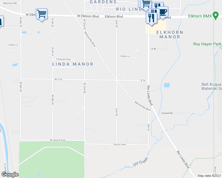 map of restaurants, bars, coffee shops, grocery stores, and more near 5927 2nd Street in Rio Linda