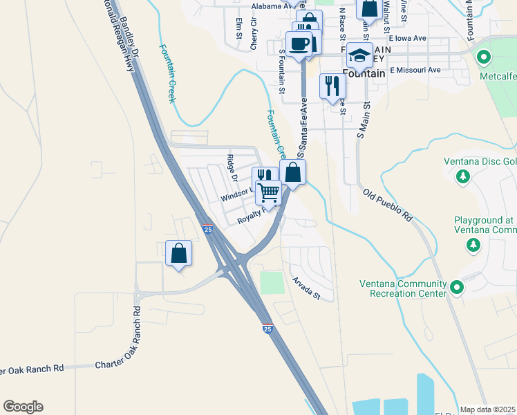 map of restaurants, bars, coffee shops, grocery stores, and more near 420 Royalty Place in Fountain
