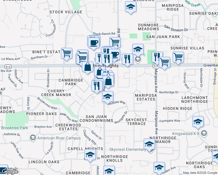 map of restaurants, bars, coffee shops, grocery stores, and more near 6042 San Juan Avenue in Citrus Heights