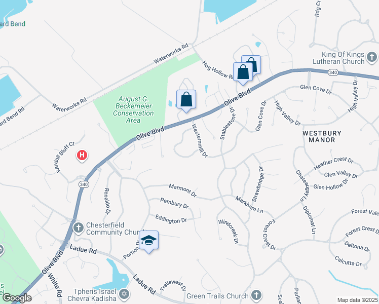 map of restaurants, bars, coffee shops, grocery stores, and more near 539 Westernmill Drive in Chesterfield