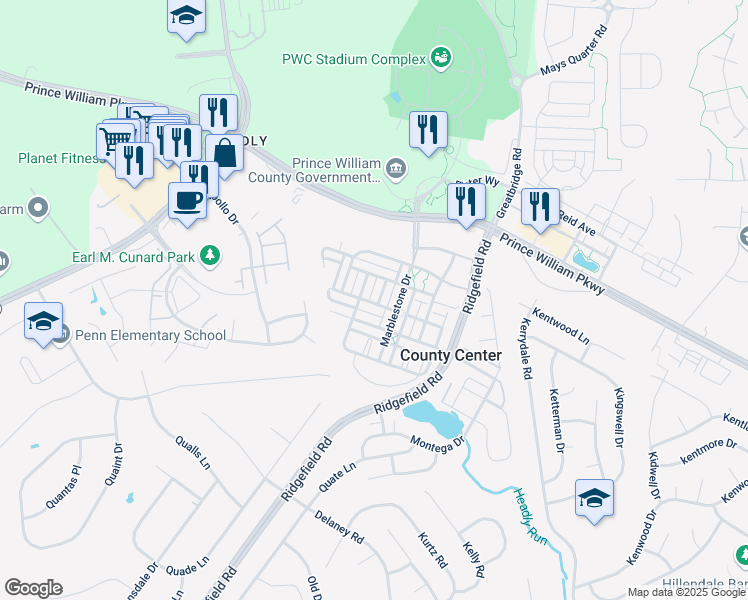 map of restaurants, bars, coffee shops, grocery stores, and more near 12972 Mandolin Lane in Woodbridge