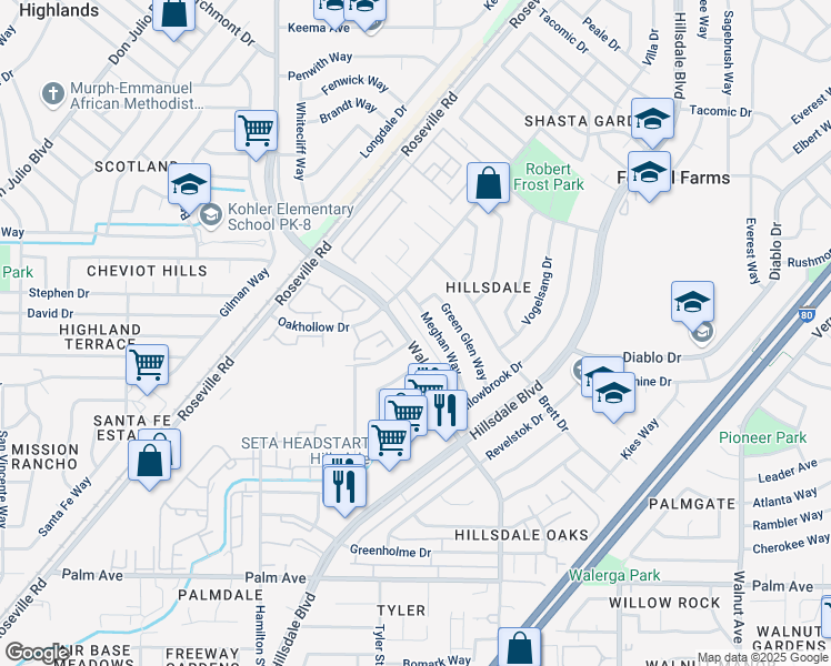 map of restaurants, bars, coffee shops, grocery stores, and more near 5948 Walerga Road in Sacramento