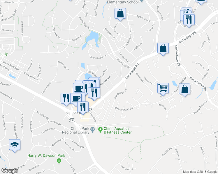 map of restaurants, bars, coffee shops, grocery stores, and more near 3998 Bali Court in Woodbridge