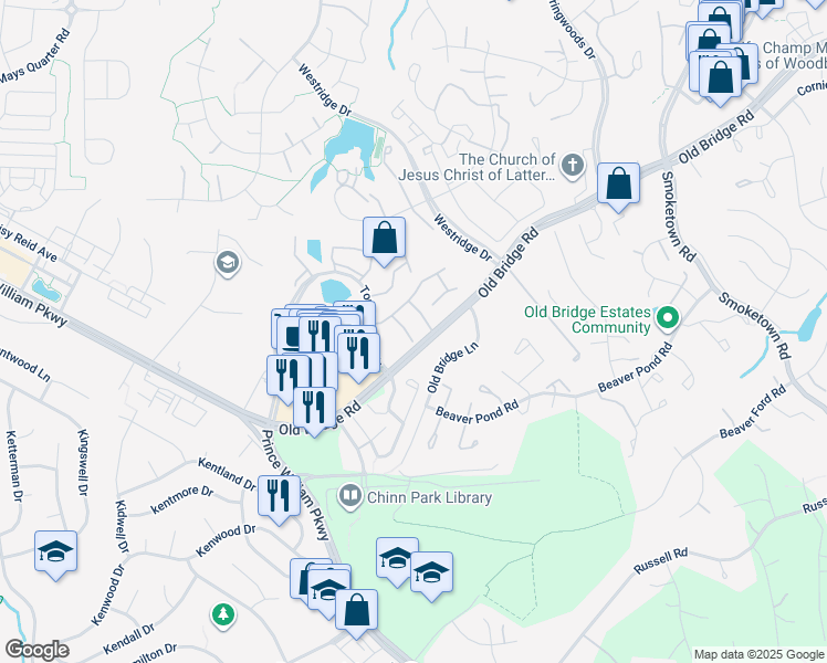 map of restaurants, bars, coffee shops, grocery stores, and more near 3998 Bali Court in Woodbridge