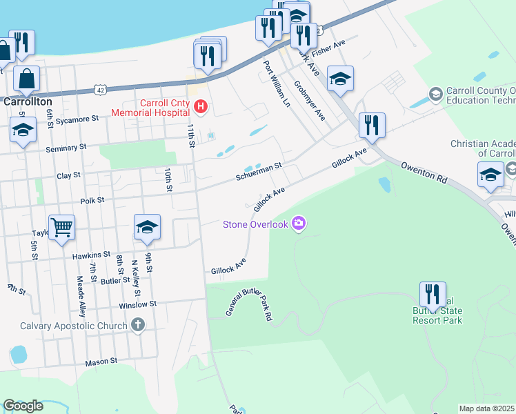 map of restaurants, bars, coffee shops, grocery stores, and more near 1282 Gillock Ave in Carrollton