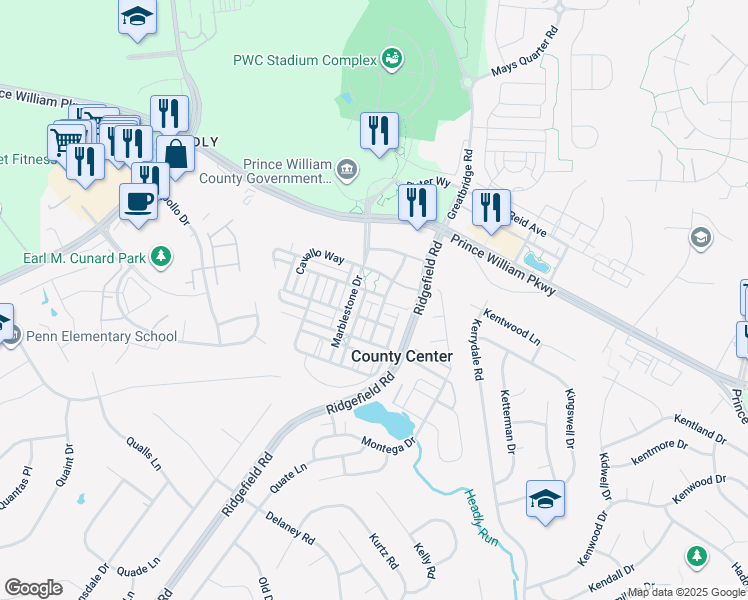 map of restaurants, bars, coffee shops, grocery stores, and more near 4815 Dashiell Place in Woodbridge