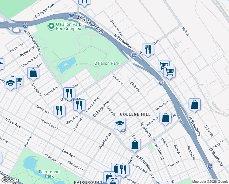 map of restaurants, bars, coffee shops, grocery stores, and more near 1948 East Warne Avenue in St. Louis