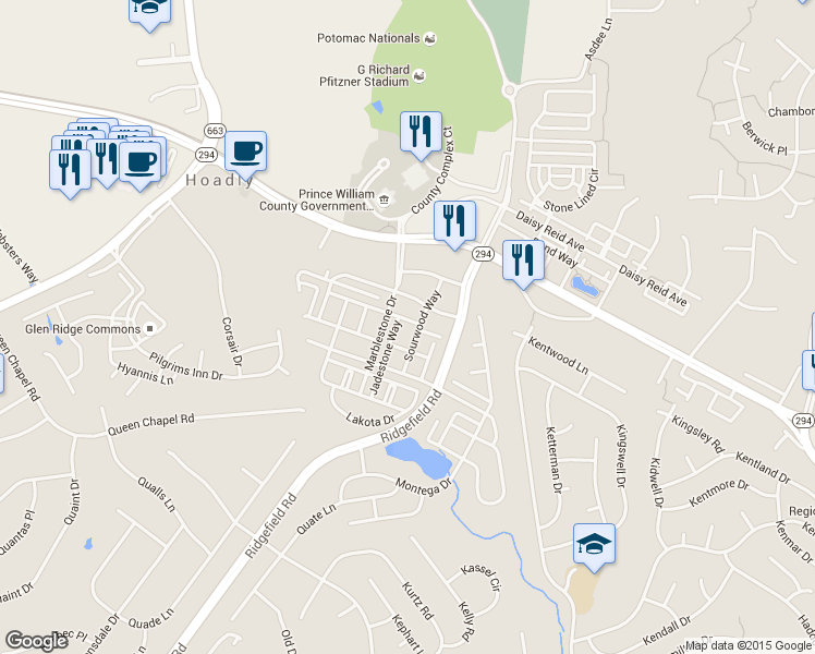 map of restaurants, bars, coffee shops, grocery stores, and more near 4815 Dashiell Place in Woodbridge