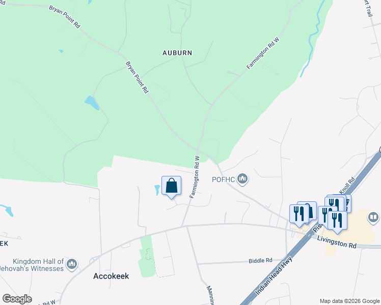 map of restaurants, bars, coffee shops, grocery stores, and more near 701 Farmington Road West in Accokeek
