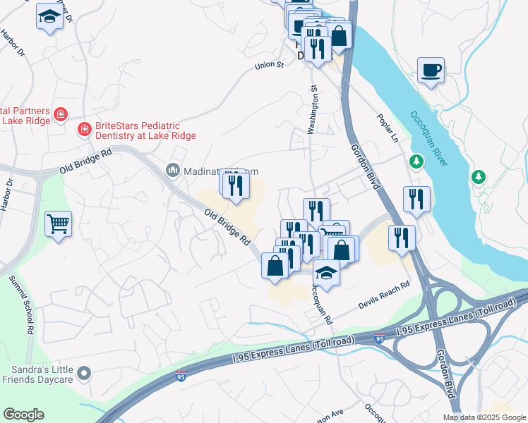 map of restaurants, bars, coffee shops, grocery stores, and more near 12763 Cara Drive in Woodbridge