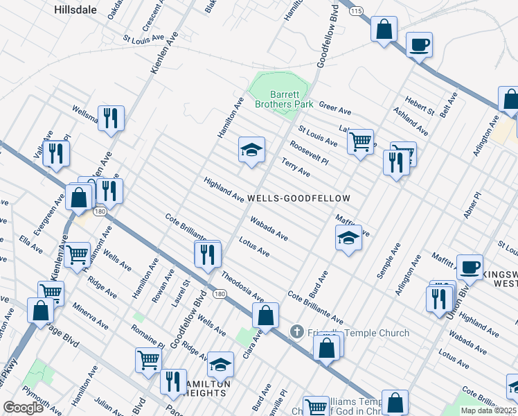 map of restaurants, bars, coffee shops, grocery stores, and more near 5749 Highland Avenue in St. Louis