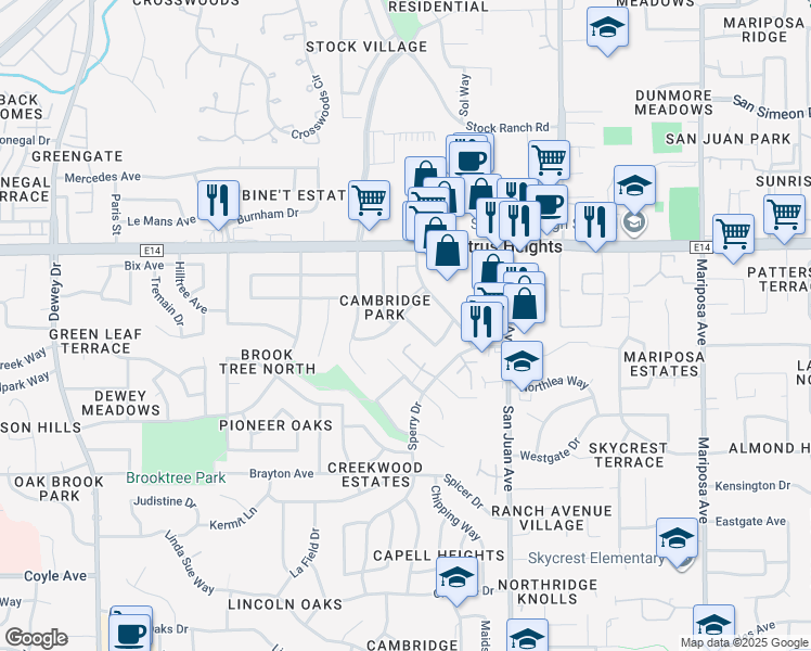 map of restaurants, bars, coffee shops, grocery stores, and more near 6036 Rowan Way in Citrus Heights