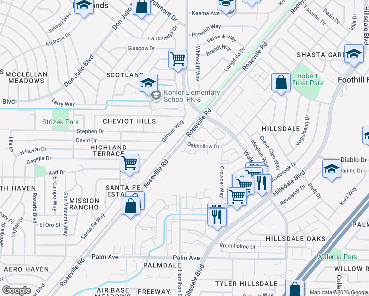 map of restaurants, bars, coffee shops, grocery stores, and more near 4407 Oakhollow Drive in Sacramento