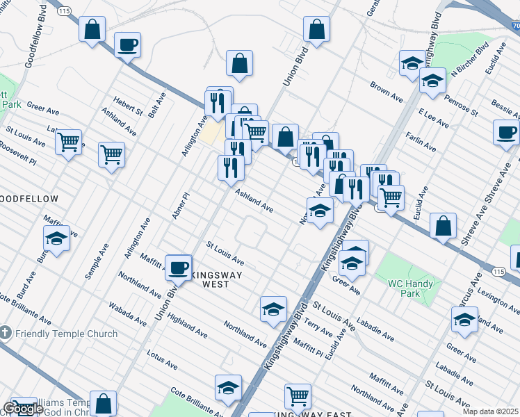 map of restaurants, bars, coffee shops, grocery stores, and more near 5203 Ashland Avenue in St. Louis