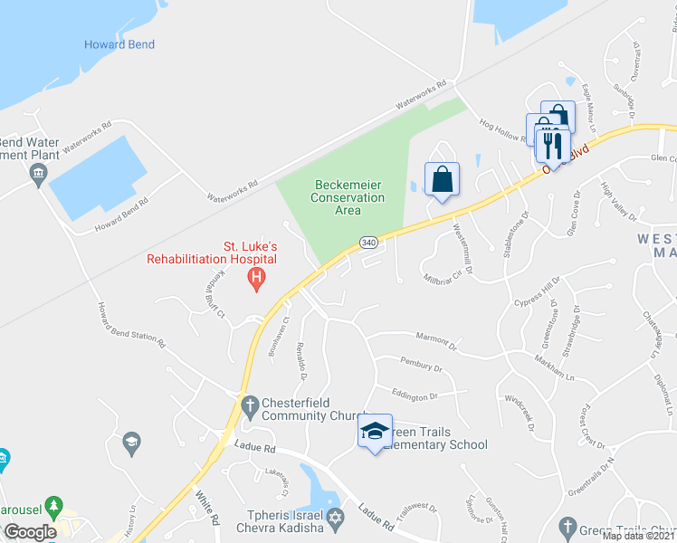 map of restaurants, bars, coffee shops, grocery stores, and more near 14512 Cazado Drive in Chesterfield