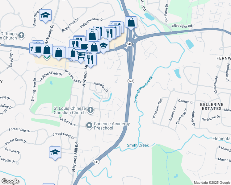 map of restaurants, bars, coffee shops, grocery stores, and more near 952 Pavillion Drive in St. Louis