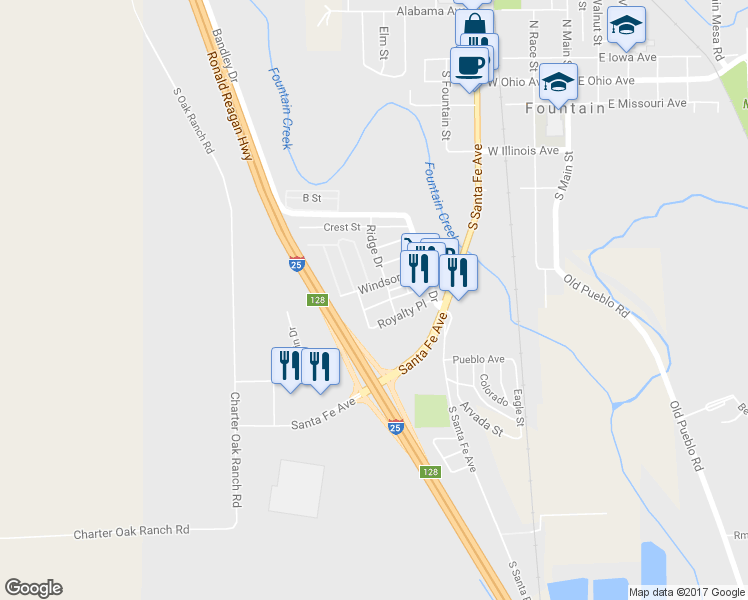 map of restaurants, bars, coffee shops, grocery stores, and more near 506 Windsor Lane in Fountain