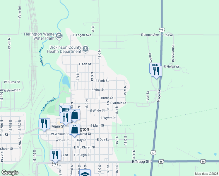 map of restaurants, bars, coffee shops, grocery stores, and more near 602 North E Street in Herington