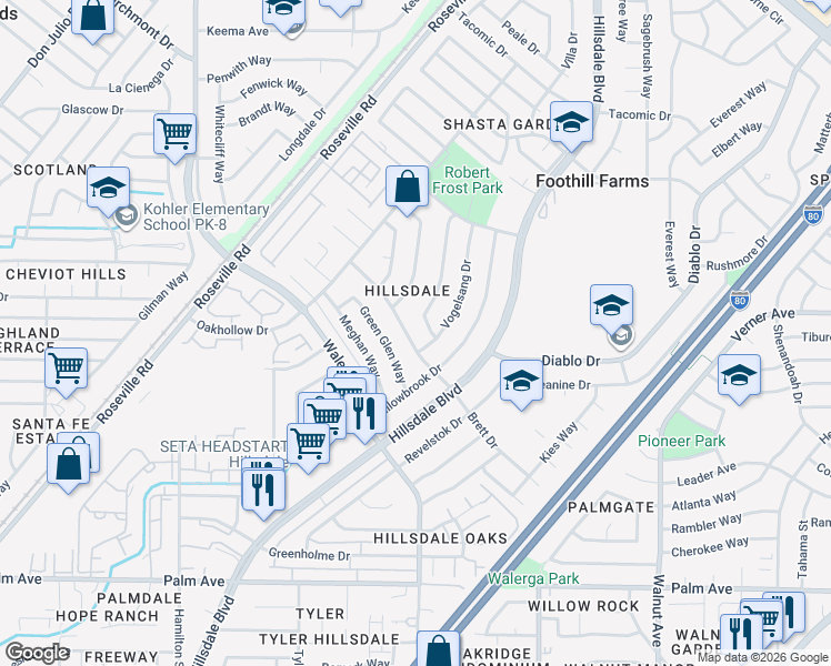 map of restaurants, bars, coffee shops, grocery stores, and more near 5937 Brett Drive in Sacramento