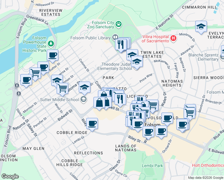 map of restaurants, bars, coffee shops, grocery stores, and more near 807 Rumsey Way in Folsom