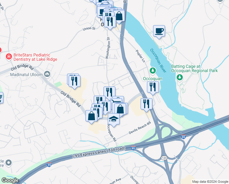 map of restaurants, bars, coffee shops, grocery stores, and more near 12776 Captains Cove in Woodbridge