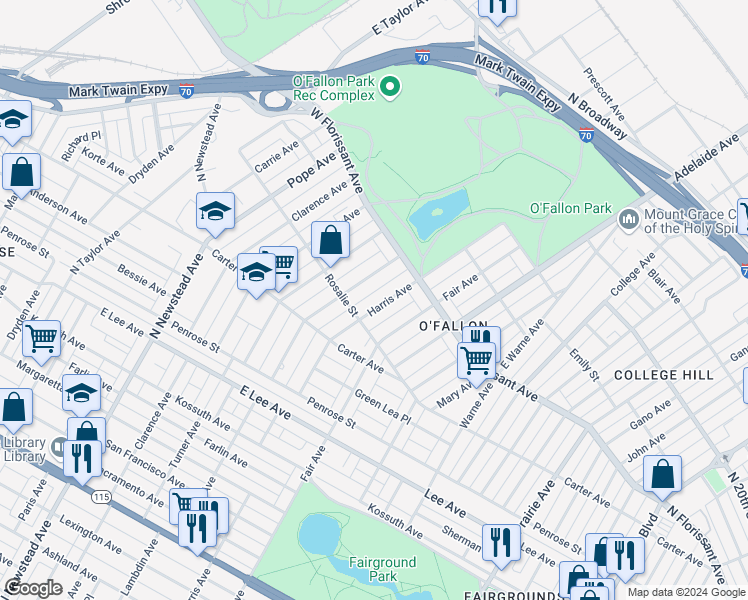 map of restaurants, bars, coffee shops, grocery stores, and more near 4525 Harris Avenue in St. Louis