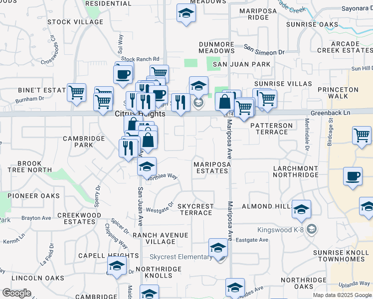 map of restaurants, bars, coffee shops, grocery stores, and more near 7520 Farmhouse Court in Citrus Heights