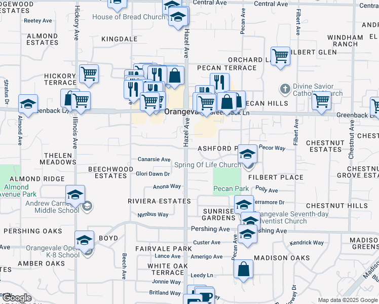 map of restaurants, bars, coffee shops, grocery stores, and more near 6030 Hazel Avenue in Orangevale