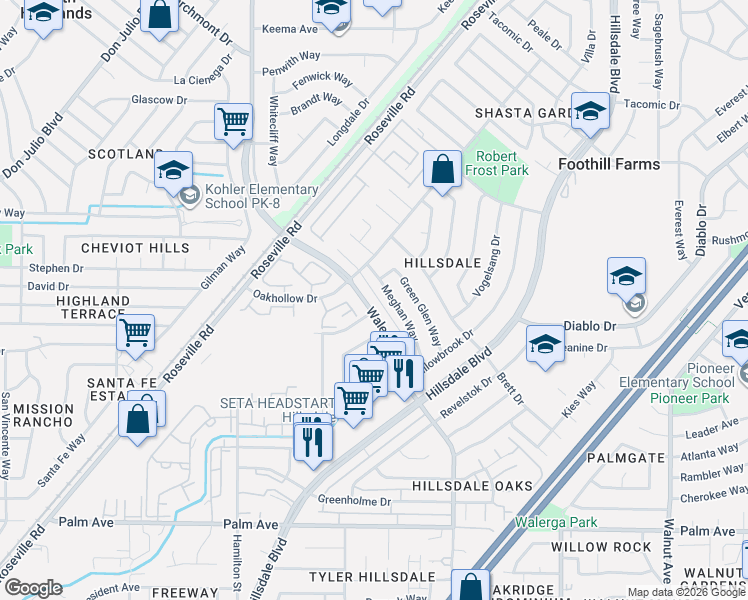 map of restaurants, bars, coffee shops, grocery stores, and more near 5966 Walerga Road in Sacramento