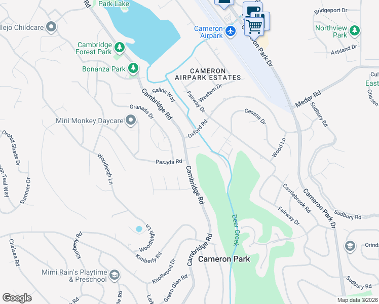 map of restaurants, bars, coffee shops, grocery stores, and more near 3120 Cambridge Court in Cameron Park