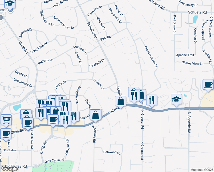 map of restaurants, bars, coffee shops, grocery stores, and more near 11127 Leisure Lane in St. Louis