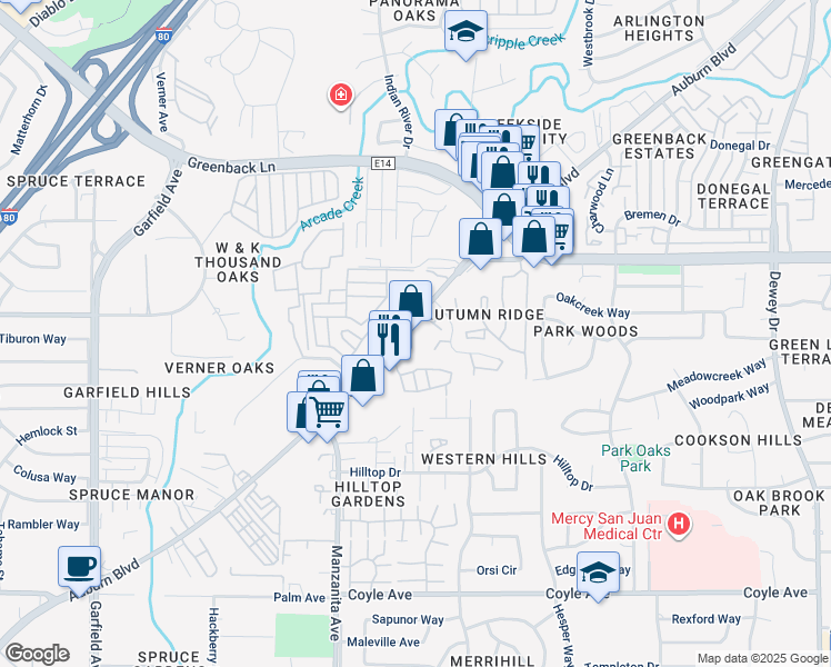 map of restaurants, bars, coffee shops, grocery stores, and more near 6008 Auburn Boulevard in Citrus Heights