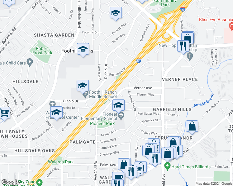 map of restaurants, bars, coffee shops, grocery stores, and more near 5249 Verner Avenue in Sacramento