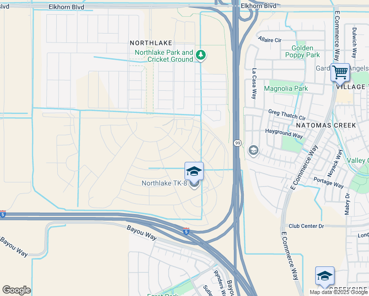 map of restaurants, bars, coffee shops, grocery stores, and more near 3596 Kona Kai Way in Sacramento
