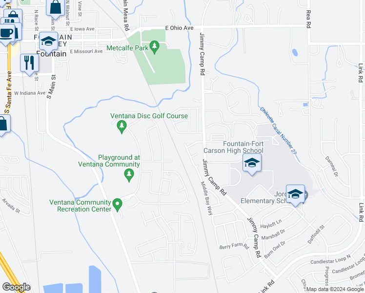 map of restaurants, bars, coffee shops, grocery stores, and more near 7395 Middle Bay Way in Fountain