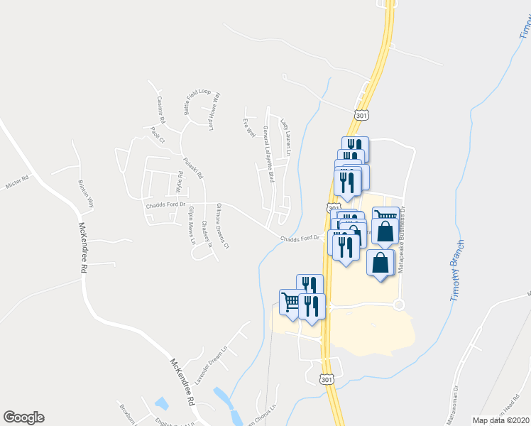 map of restaurants, bars, coffee shops, grocery stores, and more near 15531 Chaddsford Lake Drive in Brandywine