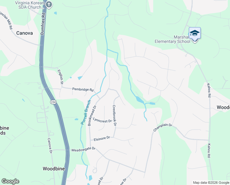 map of restaurants, bars, coffee shops, grocery stores, and more near 7883 Leroux Lane in Manassas