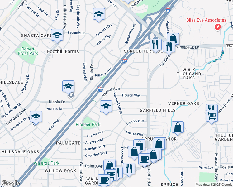 map of restaurants, bars, coffee shops, grocery stores, and more near 5301 Tiburon Way in Sacramento