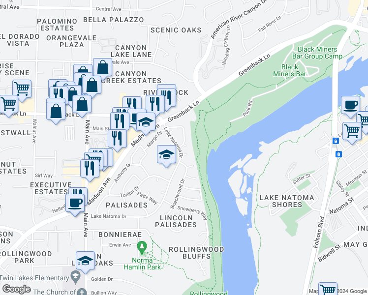 map of restaurants, bars, coffee shops, grocery stores, and more near 9652 Lake Natoma Drive in Orangevale