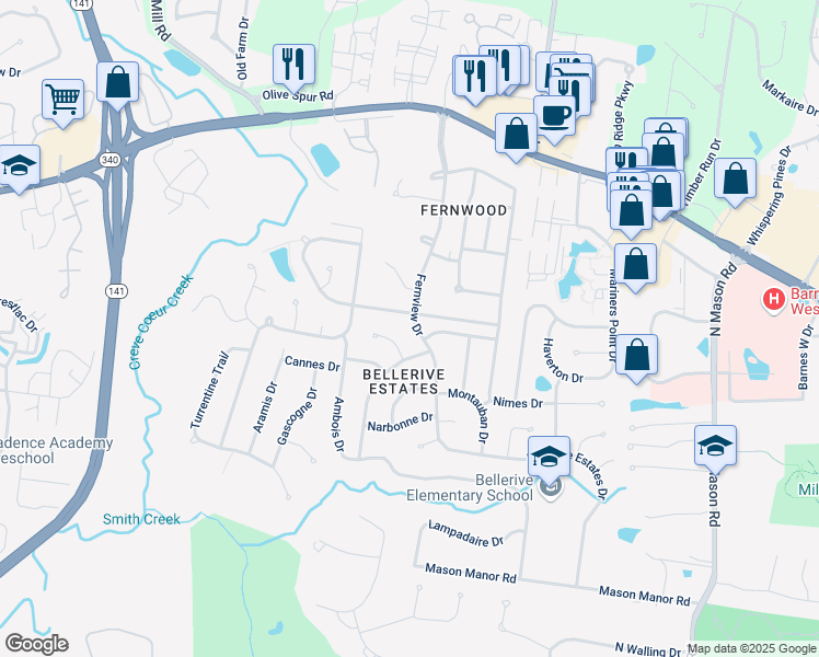 map of restaurants, bars, coffee shops, grocery stores, and more near 860 Fernview Drive in Creve Coeur