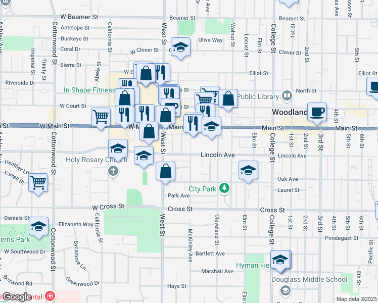 map of restaurants, bars, coffee shops, grocery stores, and more near 115 Lincoln Avenue in Woodland