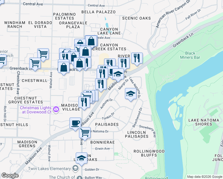 map of restaurants, bars, coffee shops, grocery stores, and more near 6025 Keats Circle in Orangevale