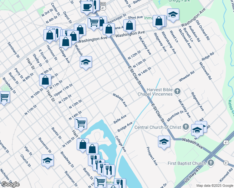 map of restaurants, bars, coffee shops, grocery stores, and more near 1408 Wabash Avenue in Vincennes