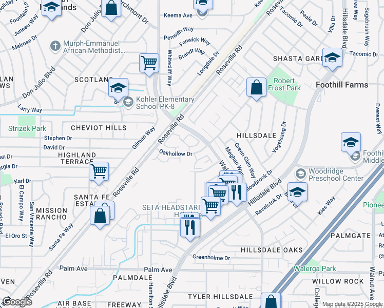 map of restaurants, bars, coffee shops, grocery stores, and more near 4440 Oakhollow Drive in Sacramento