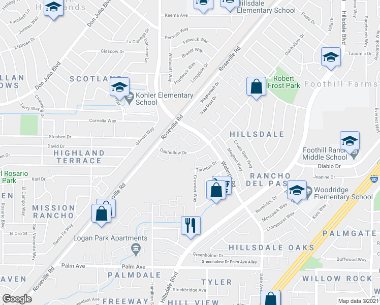 map of restaurants, bars, coffee shops, grocery stores, and more near 4440 Oakhollow Drive in Sacramento