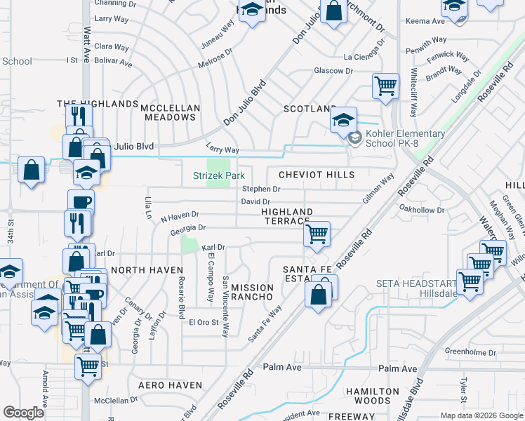 map of restaurants, bars, coffee shops, grocery stores, and more near 4016 David Drive in Sacramento