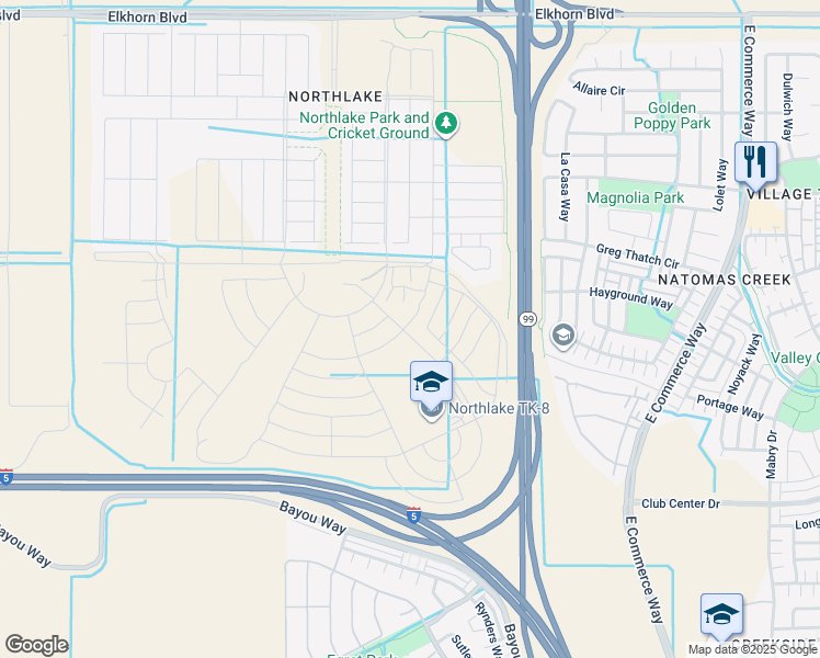 map of restaurants, bars, coffee shops, grocery stores, and more near 5601-5753 Golden State Highway in Sacramento