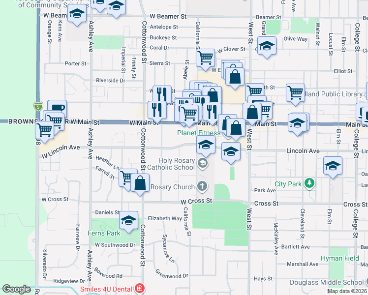 map of restaurants, bars, coffee shops, grocery stores, and more near 8 West Lincoln Avenue in Woodland